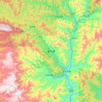 Mapa topográfico 留坝县, altitud, relieve