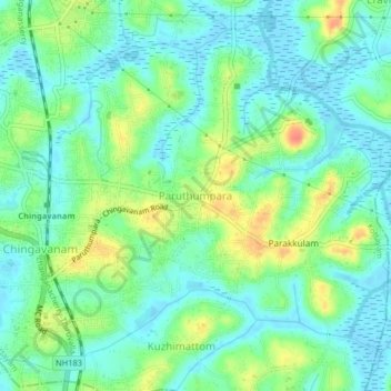 Mapa topográfico Paruthumpara, altitud, relieve