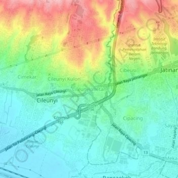 Mapa topográfico Cileunyi Wetan, altitud, relieve