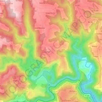 Mapa topográfico Maurins, altitud, relieve