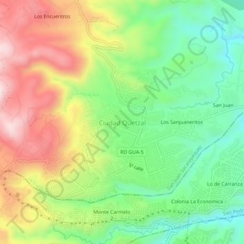 Mapa topográfico Ciudad Quetzal, altitud, relieve