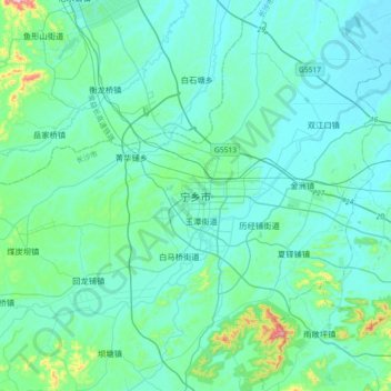 Mapa topográfico 宁乡市, altitud, relieve