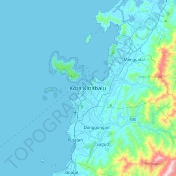 Mapa topográfico Kota Kinabalu, altitud, relieve