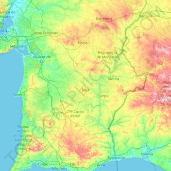 Mapa topográfico Região do Alentejo, altitud, relieve