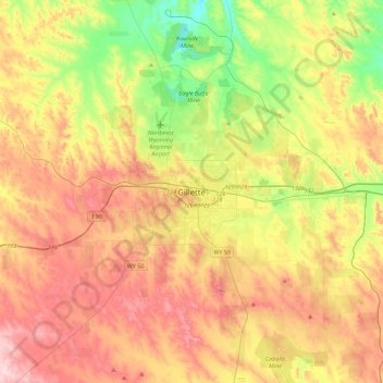 Mapa topográfico Gillette, altitud, relieve