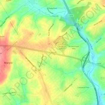 Mapa topográfico Broomall, altitud, relieve