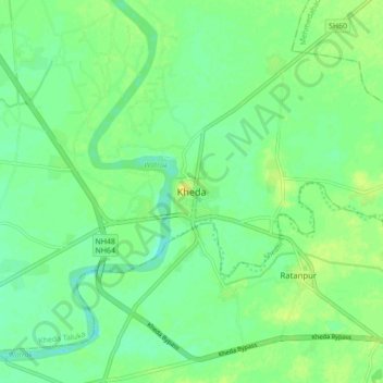 Mapa topográfico Kheda, altitud, relieve