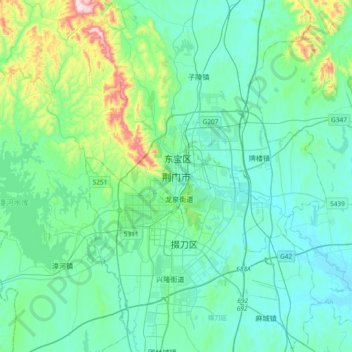 Mapa topográfico 荆门市, altitud, relieve