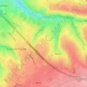 Mapa topográfico Cerexhe-Heuseux, altitud, relieve