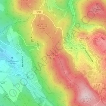 Mapa topográfico Hühnerberg, altitud, relieve