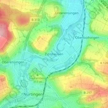 Mapa topográfico Zizishausen, altitud, relieve