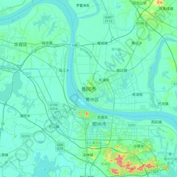 Mapa topográfico 黄冈市, altitud, relieve