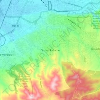 Mapa topográfico Ciudad Peluche, altitud, relieve