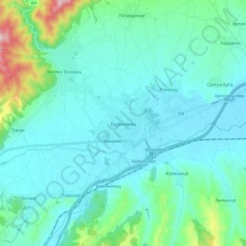 Mapa topográfico Бујановац, altitud, relieve