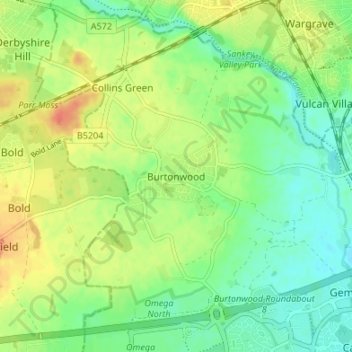 Mapa topográfico Burtonwood, altitud, relieve