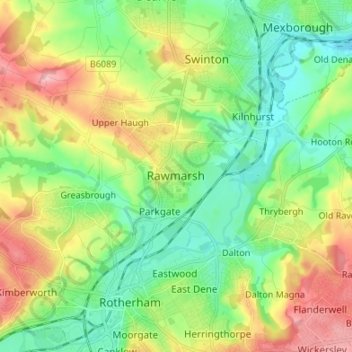 Mapa topográfico Rawmarsh, altitud, relieve
