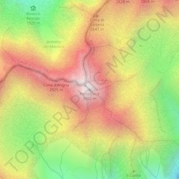 Mapa topográfico Pizzo Coca, altitud, relieve