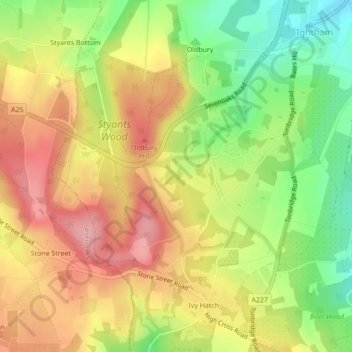 Mapa topográfico Ightham Common, altitud, relieve