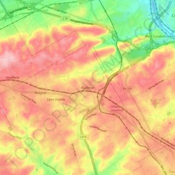 Mapa topográfico Radnor, altitud, relieve