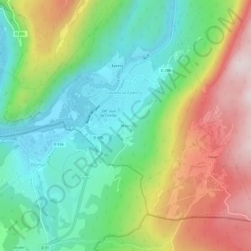 Mapa topográfico Rhien, altitud, relieve