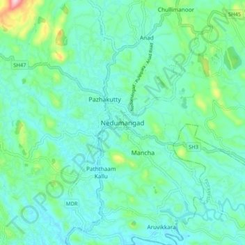 Mapa topográfico Nedumangad, altitud, relieve