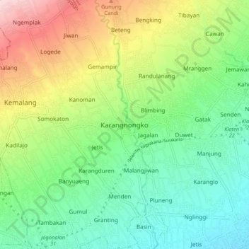 Mapa topográfico Karangnongko, altitud, relieve