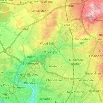 Mapa topográfico Middleton, altitud, relieve