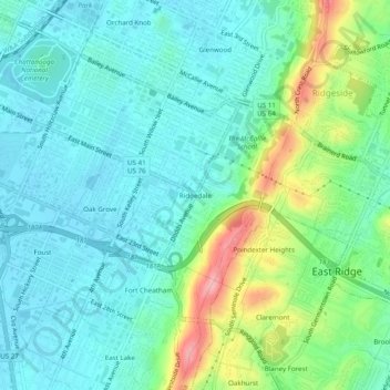 Mapa topográfico Ridgedale, altitud, relieve