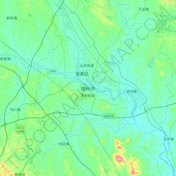 Mapa topográfico Suizhou, altitud, relieve