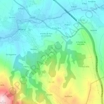 Mapa topográfico Nanín, altitud, relieve