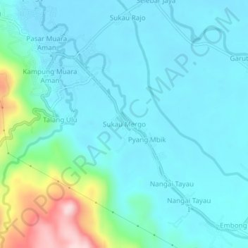 Mapa topográfico Sukau Mergo, altitud, relieve