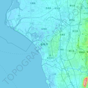 Mapa topográfico Tainan, altitud, relieve