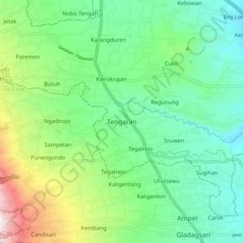 Mapa topográfico Tengaran, altitud, relieve