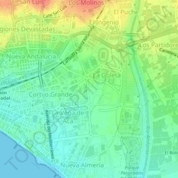 Mapa topográfico Vega de Acá, altitud, relieve