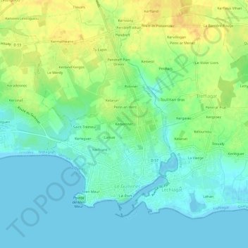 Mapa topográfico Kervennec, altitud, relieve
