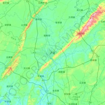 Mapa topográfico 泸县, altitud, relieve