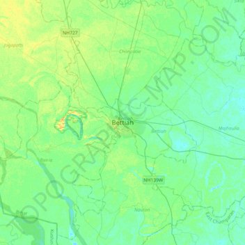 Mapa topográfico Bettiah, altitud, relieve