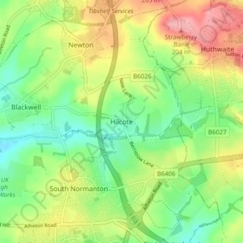 Mapa topográfico Hilcote, altitud, relieve
