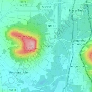 Mapa topográfico Buchberg, altitud, relieve