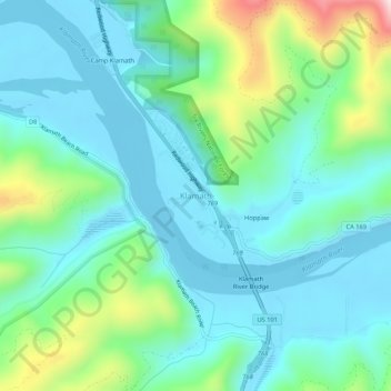 Mapa topográfico Klamath, altitud, relieve