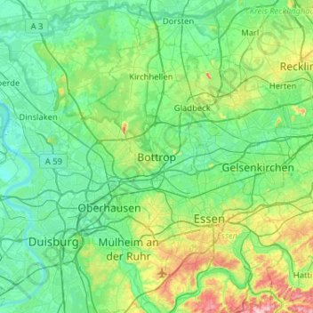 Mapa topográfico Bottrop, altitud, relieve