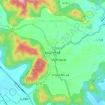 Mapa topográfico Sawantwadi, altitud, relieve