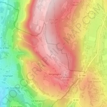 Mapa topográfico Plateau de Vergongeat, altitud, relieve