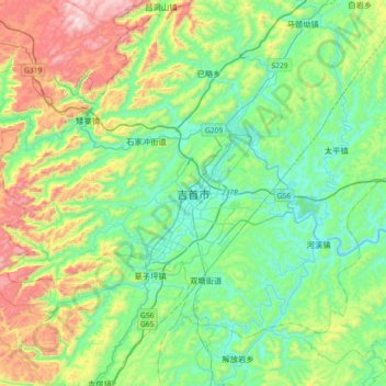 Mapa topográfico 吉首市, altitud, relieve