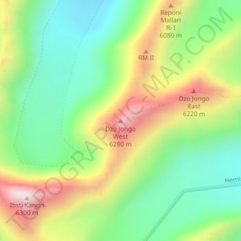 Mapa topográfico Dzo Jongo West, altitud, relieve