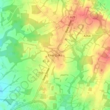 Mapa topográfico Five Oaks, altitud, relieve