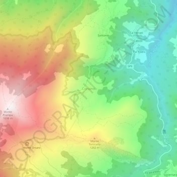 Mapa topográfico Coriano, altitud, relieve
