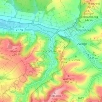 Mapa topográfico Brochthausen, altitud, relieve