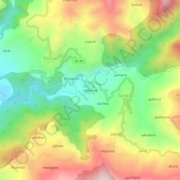 Mapa topográfico uttardug, altitud, relieve
