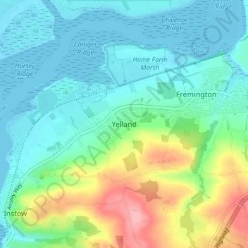 Mapa topográfico Yelland, altitud, relieve